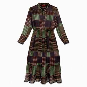 ModCloth Patchwork Print Sheer Pleats Maxi Dress Long Sleeve S 70s Inspired Boho